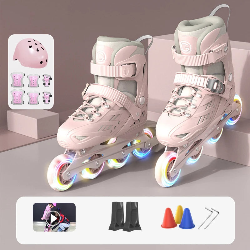 Inline Roller Skates With Helmet, Elbow And Knee Pads Shoe Bag Set Flash 4 Wheels Sneakers For Boys Girls Adjustable Skate Shoes