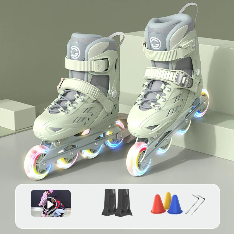 Inline Roller Skates With Helmet, Elbow And Knee Pads Shoe Bag Set Flash 4 Wheels Sneakers For Boys Girls Adjustable Skate Shoes