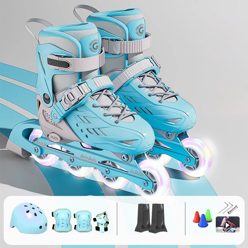 Inline Roller Skates With Helmet, Elbow And Knee Pads Shoe Bag Set Flash 4 Wheels Sneakers For Boys Girls Adjustable Skate Shoes