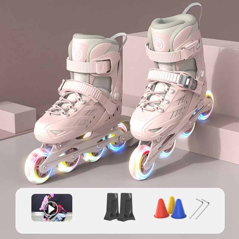 Inline Roller Skates With Helmet, Elbow And Knee Pads Shoe Bag Set Flash 4 Wheels Sneakers For Boys Girls Adjustable Skate Shoes