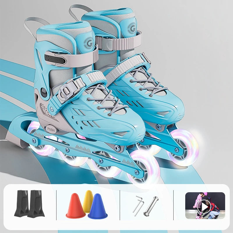 Inline Roller Skates With Helmet, Elbow And Knee Pads Shoe Bag Set Flash 4 Wheels Sneakers For Boys Girls Adjustable Skate Shoes