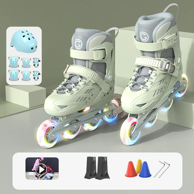 Inline Roller Skates With Helmet, Elbow And Knee Pads Shoe Bag Set Flash 4 Wheels Sneakers For Boys Girls Adjustable Skate Shoes