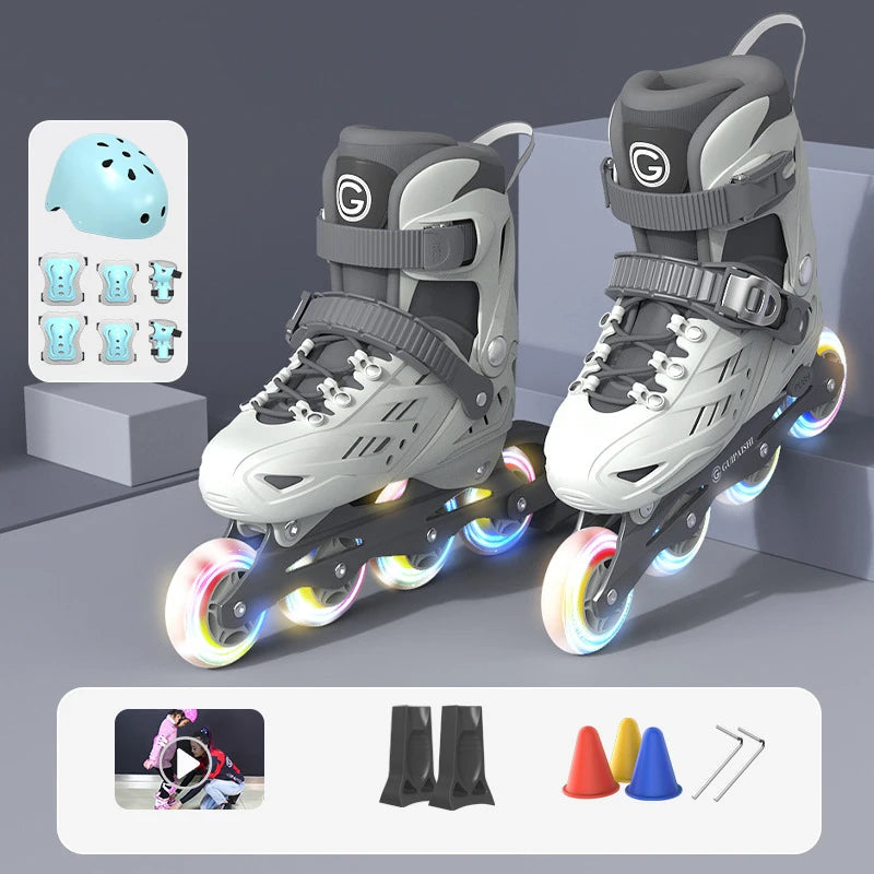 Inline Roller Skates With Helmet, Elbow And Knee Pads Shoe Bag Set Flash 4 Wheels Sneakers For Boys Girls Adjustable Skate Shoes