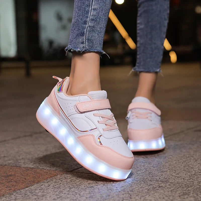 Roller Skate Shoes Kids Boys Girls Flashing Light 4 Wheel Roller Shoes Led Light Luminous Sneakers Outdoor Casual Shoes Children