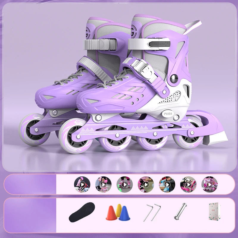 Inline Roller Skates With Helmet, Elbow And Knee Pads Shoe Bag Set Flash 4 Wheels Sneakers For Boys Girls Adjustable Skate Shoes