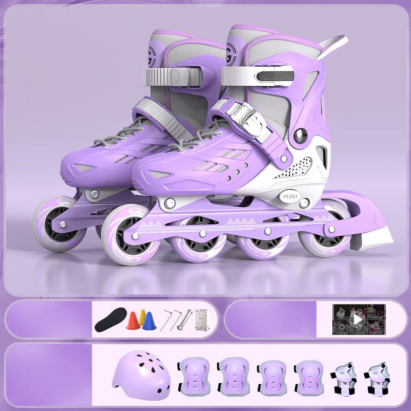 Inline Roller Skates With Helmet, Elbow And Knee Pads Shoe Bag Set Flash 4 Wheels Sneakers For Boys Girls Adjustable Skate Shoes